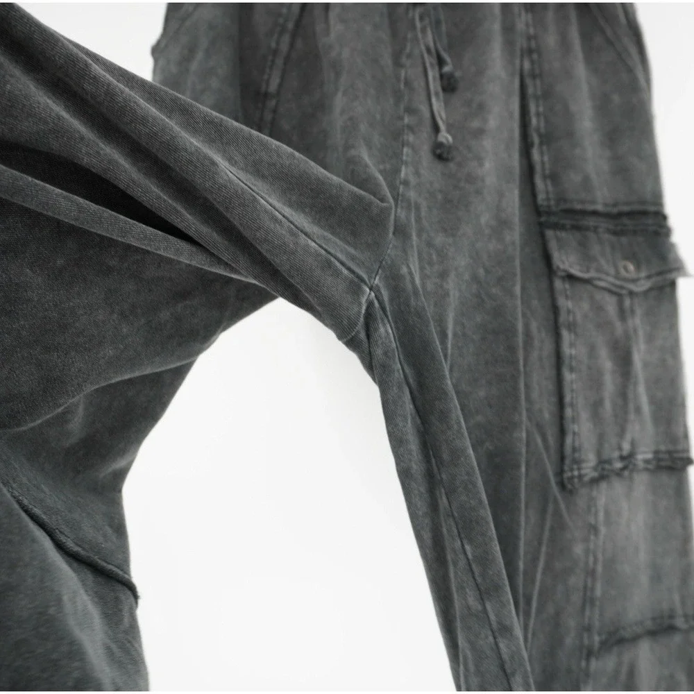 Easel Womens Utility Mineral Washed Wide Leg Terry Knit Cargo Pant Black Large - Picture 10 of 15